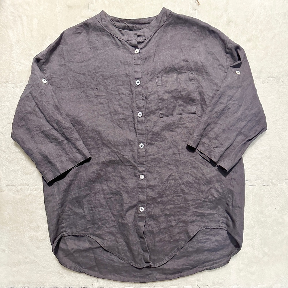 Hannah Lavery gray stonewashed linen button up blouse, size 14